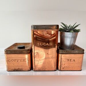Vintage Copper Canister Set of Three (Coffee • Tea • Sugar).